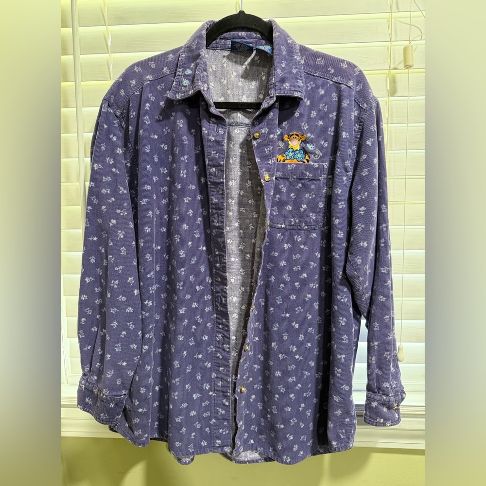 Purple Floral Corduroy Button-Up Shirt with Embroidered Bear